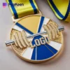 A gold weightlifting medal featuring the word "logo" prominently displayed on its surface.