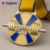 Custom-designed gold medal for weightlifting, showcasing a unique logo that highlights athletic achievement and honor.