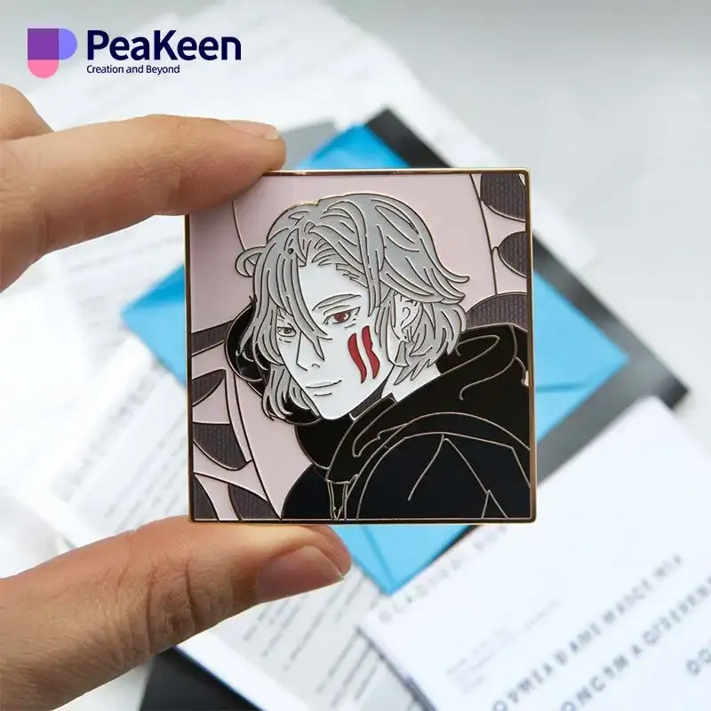 A person presents a pin depicting an anime character, reflecting their interest in anime-themed accessories.