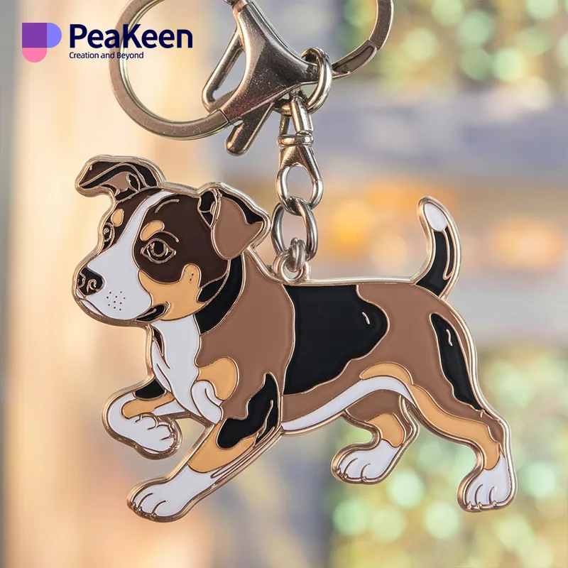 Metal keychain featuring a dog in mid-run, capturing the joy and energy of a playful canine.