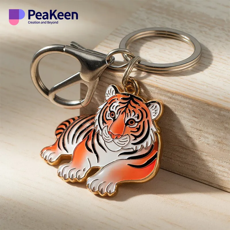 Soft enamel tiger keychain featuring a peace sign, combining style and a message of harmony in a compact design.