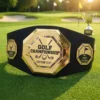 Gold custom golf championship belt with personalized text, featuring Hole in One and Lowest Score side plates on a golf course