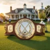 Premium golf champion professional tour belt trophy with crossed clubs design, displayed on a golf course with clubhouse and trophy