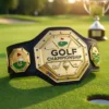 Gold golf championship belt trophy with golf ball and flag design, displayed on a green golf course