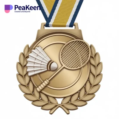 A badminton medal featuring a racket design and a colorful ribbon, symbolizing achievement in the sport.