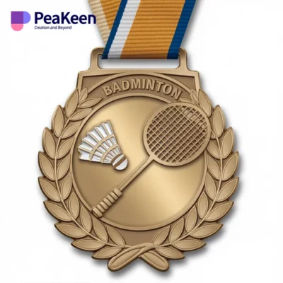 A badminton medal with a vibrant ribbon, symbolizing achievement and excellence in badminton competitions.