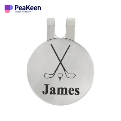 Personalized golf ball marker featuring a custom logo, complete with a convenient hat clip for golfers.