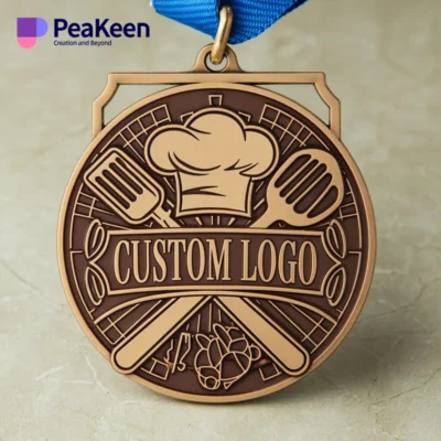 Chef medal with a custom logo, showcasing a chef's hat and adorned with a blue ribbon for recognition in culinary arts.