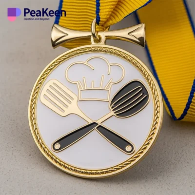 A gold medal adorned with a chef's hat and spoons, representing success in the culinary arts.