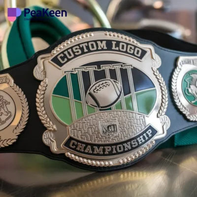 Ceinture avec logo personnalisé comportant un ruban vert et un ballon de football, conçue pour les champions de fantasy football.