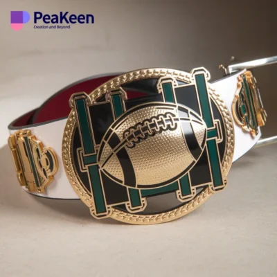 A championship belt adorned with a football, representing success in fantasy football leagues and competitions.