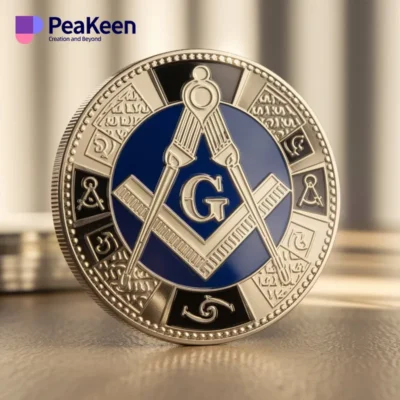 A freemason coin resting on a wooden table, showcasing its intricate design and symbolism.