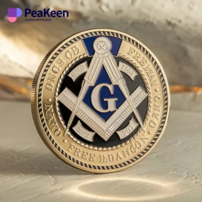 The freemason coin is featured against a vibrant blue background, showcasing its detailed craftsmanship and significance.