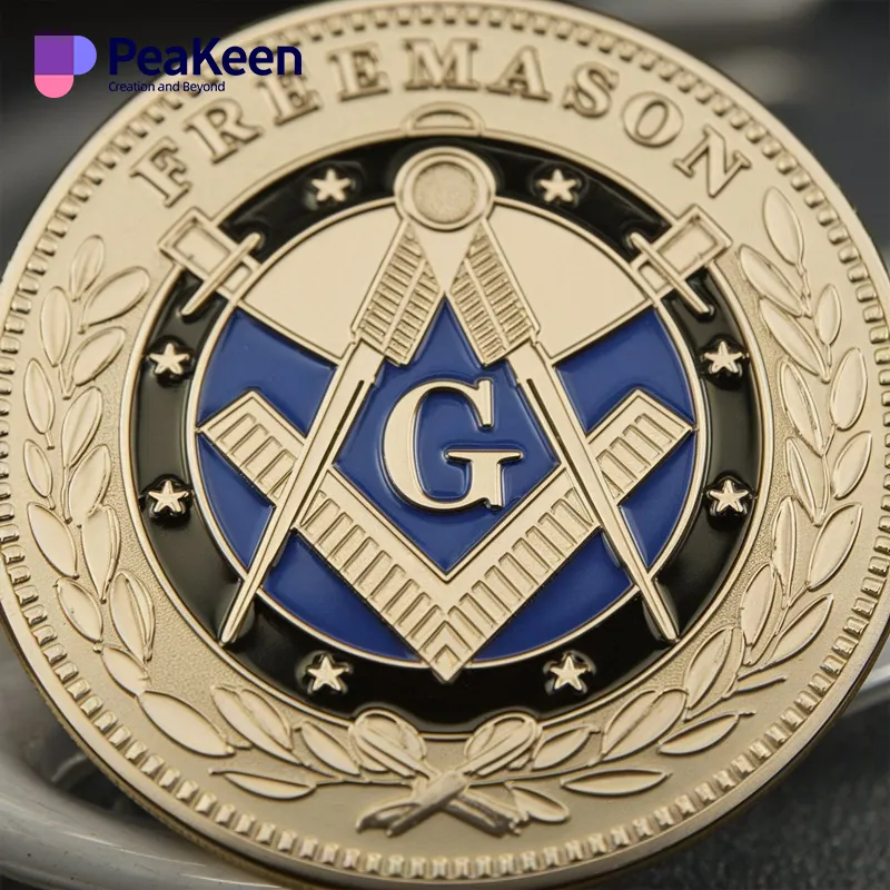 A freemason coin adorned with the masonic emblem, illustrating the principles and heritage of the Masonic fraternity.