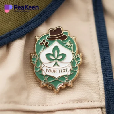 Insignia de niña exploradora con una hoja verde y un sombrero, símbolo de la conciencia medioambiental y el espíritu scout.