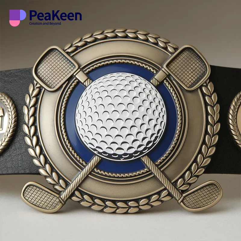 A golf championship belt buckle featuring a golf ball and clubs, symbolizing victory in the sport.