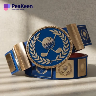 A blue golf championship belt featuring elegant gold and blue trim, showcasing a blend of style and sport.