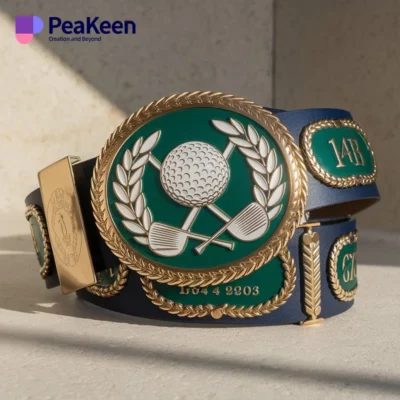 A golf championship belt showcasing a distinctive logo, highlighting excellence in golf.