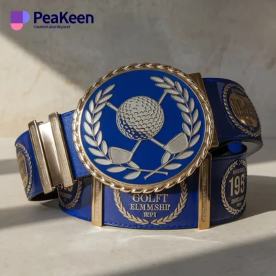 Un cinturón azul diseñado para campeonatos de golf, adornado con una pelota de golf y un emblema dorado, que representa el logro.