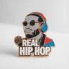 A vibrant enamel pin that reads "Real Hip Hop," representing the essence of hip hop culture.