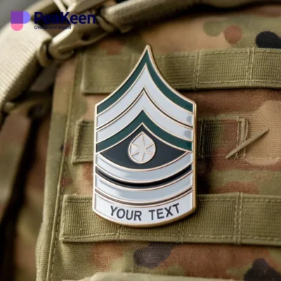 Insignes militaires personnalisés avec épingles de grade, présentant des motifs et des symboles uniques représentant le service et la réussite.