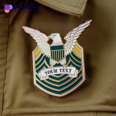 Custom logo pin badge featuring military rank insignia, showcasing a unique design for personal or professional use.