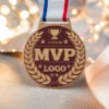 Mockup of a custom MVP logo medal, displaying a gold medal with a vibrant ribbon, emphasizing its unique branding.