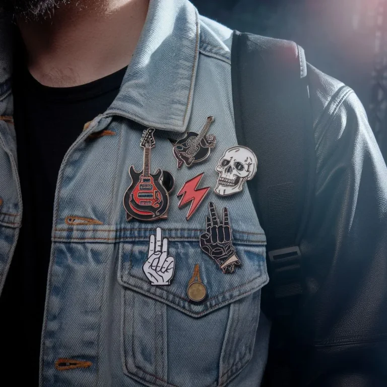 Ein Mann in einer Jeansjacke mit Totenkopf- und Gitarrenmotiv, die am Kragen mit einer Punkrock-Anstecknadel verziert ist.