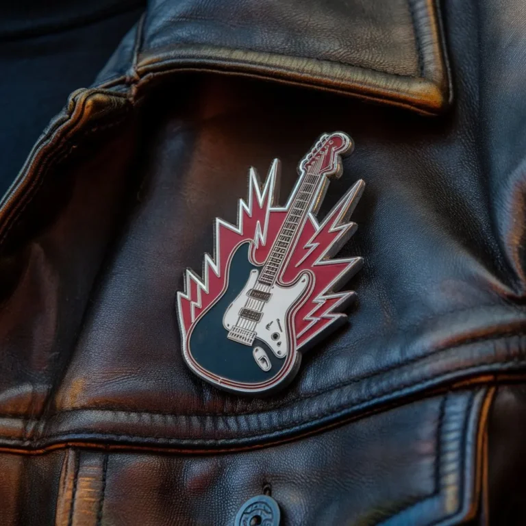 Schwarze Lederjacke mit rotem Gitarrenmotiv und einer Punkrock-Anstecknadel daran.