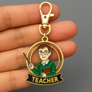 Gold keychain designed for teachers, featuring a charming and elegant design.