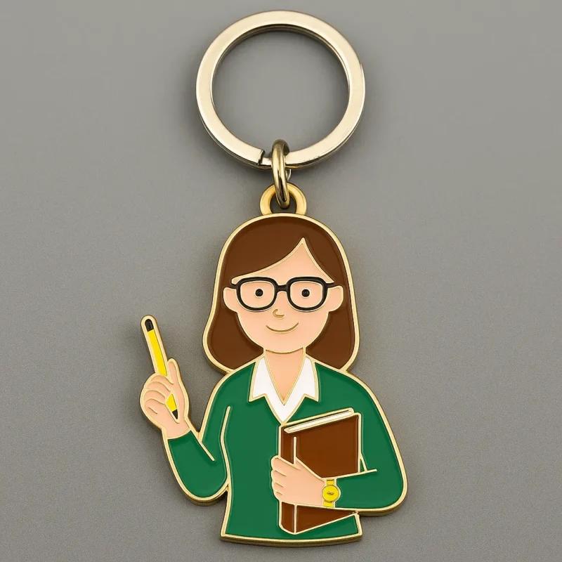 Keychain featuring a woman holding a pencil and a book, symbolizing a teacher's dedication to education.