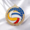 배구에서의 성취를 상징하는 파란색과 빨간색 공 디자인이 특징인 금메달 배구 메달입니다.