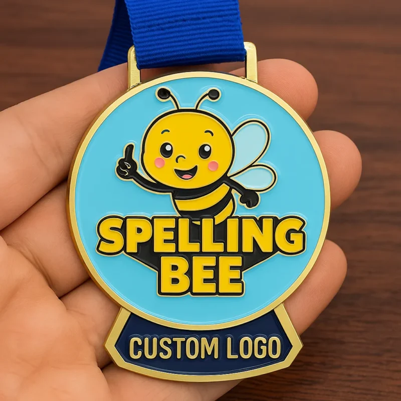 Custom logo medal for a spelling bee, featuring intricate design and text highlighting the event's name.