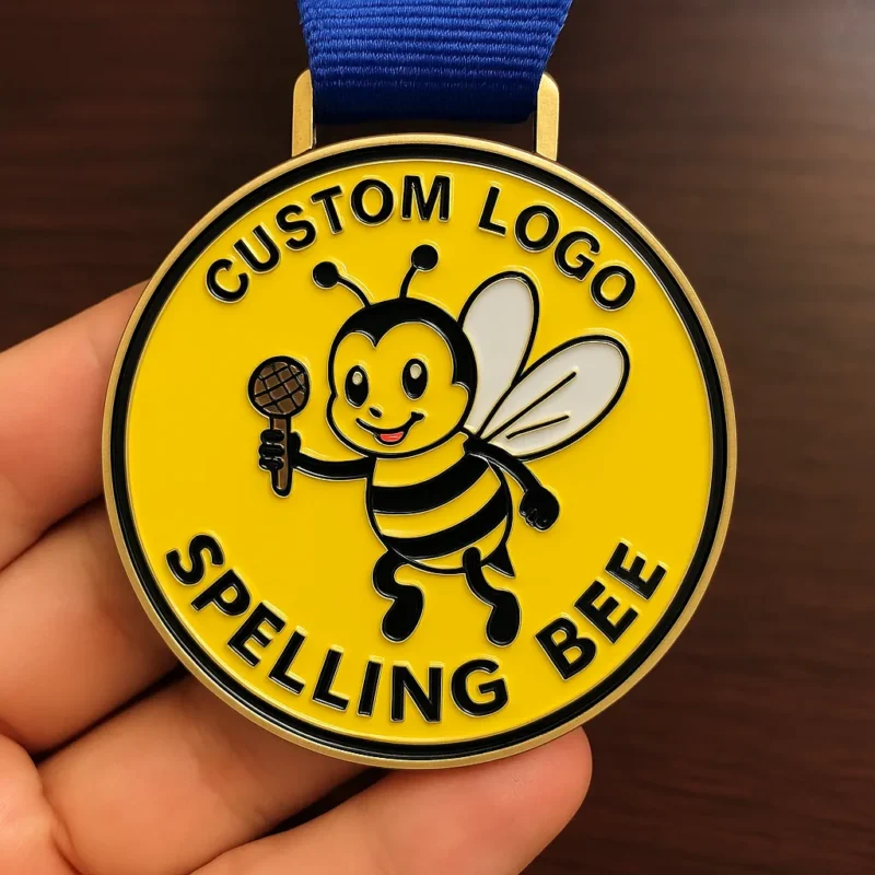 Custom logo medal for a spelling bee, featuring intricate design and text highlighting the event's name.