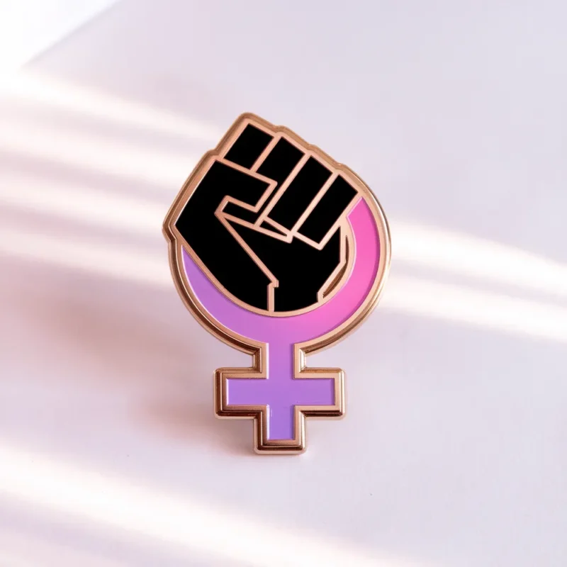 Pink and purple enamel pin featuring a raised fist, designed as a feminist cat symbol.
