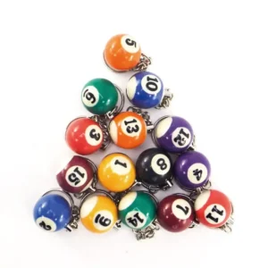Pyramid-shaped stack of colorful billiard balls, designed as a keychain accessory.