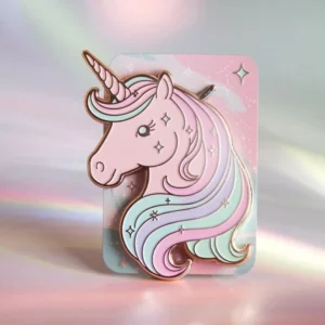 Unicorn pin displayed on a vibrant pink background, showcasing its whimsical design and colorful details.