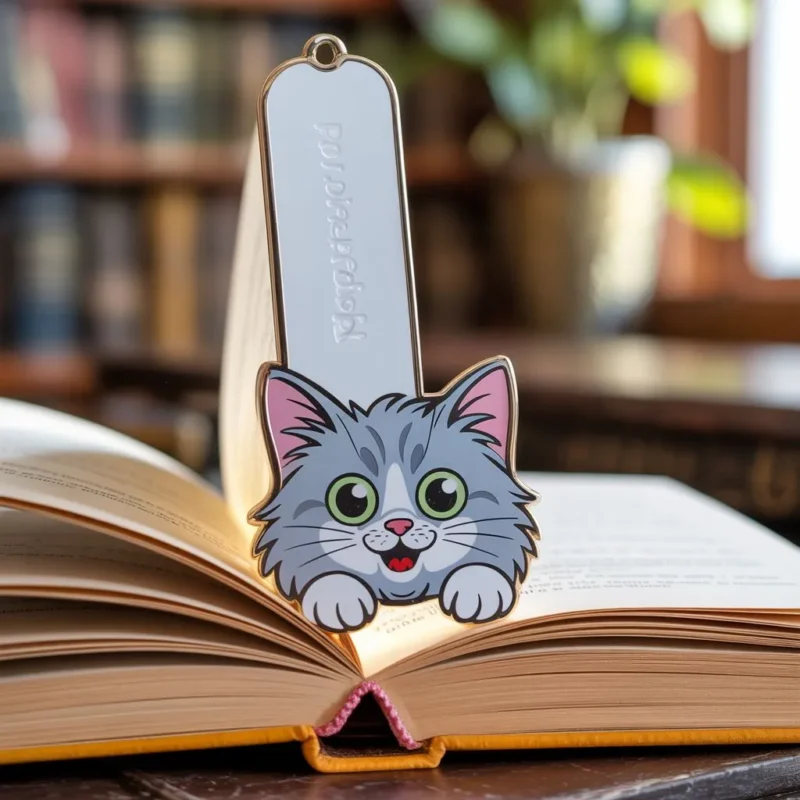 A cat-shaped bookmark rests on an open book, adding a whimsical touch to the reading experience.