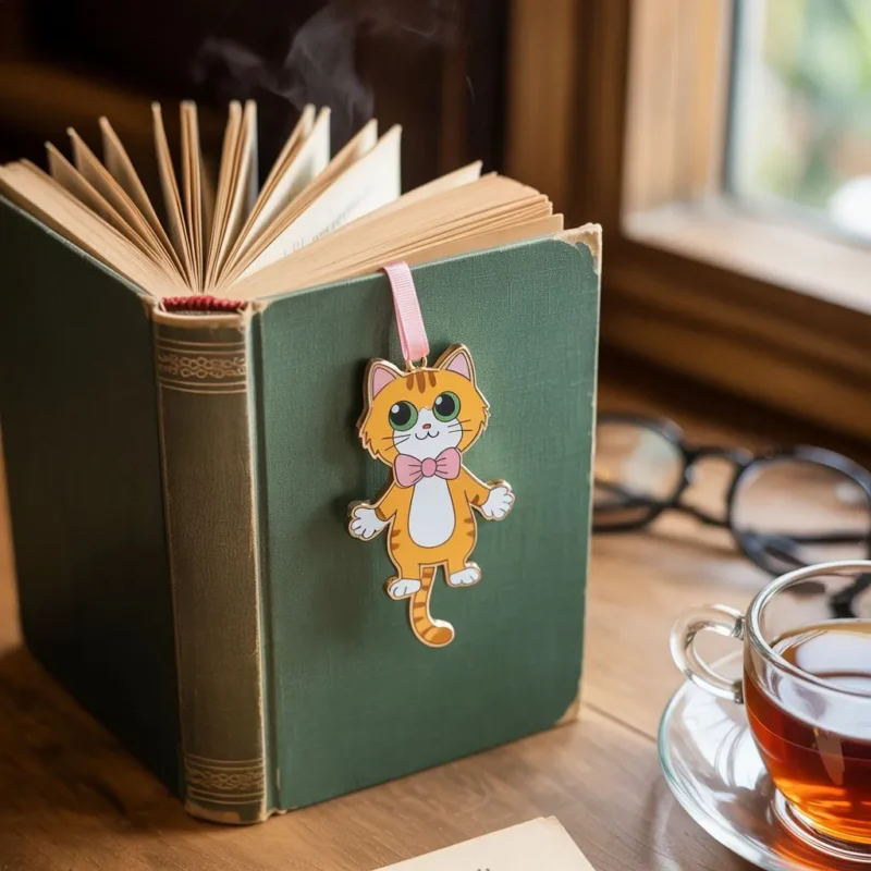 A cat-shaped bookmark rests on a table beside a steaming cup of tea.