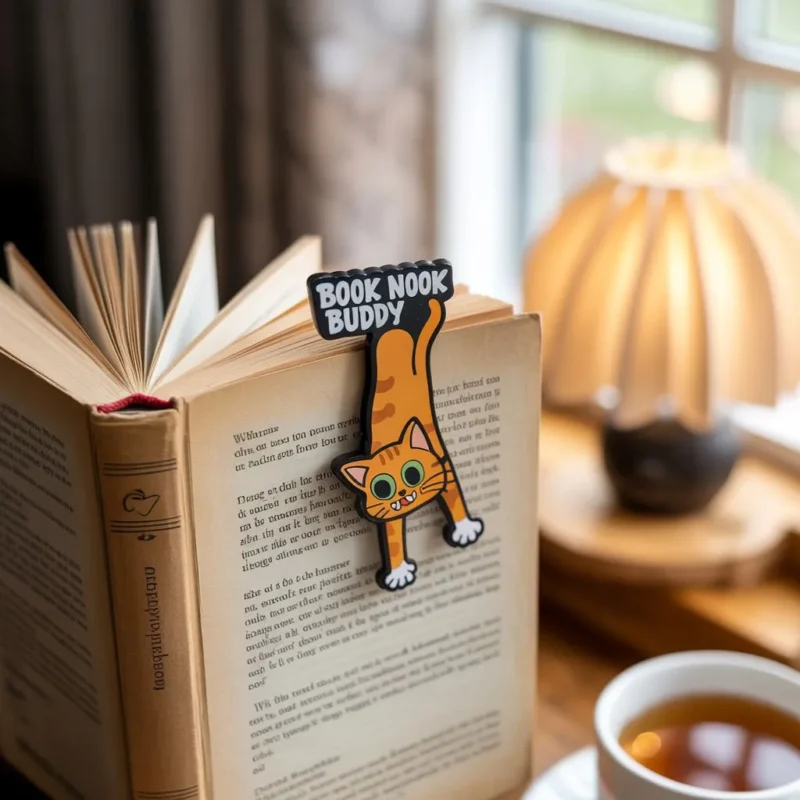 A cat-shaped bookmark rests on an open book beside a steaming cup of tea, creating a cozy reading scene.