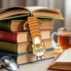 A cat perched on a stack of books, with a bookmark shaped like a cat resting nearby.