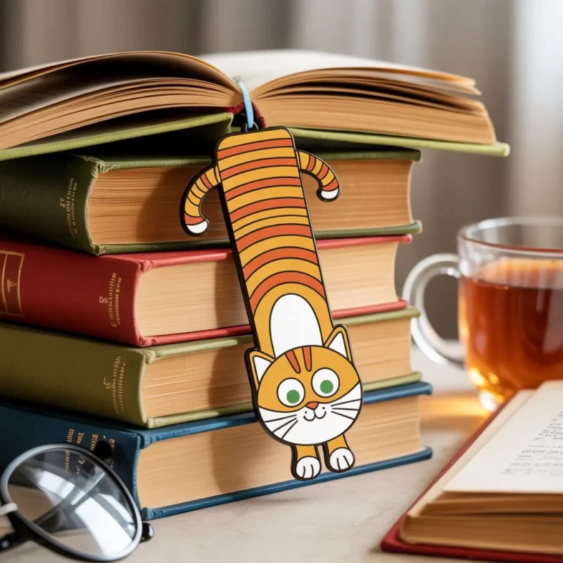 A cat perched on a stack of books, with a bookmark shaped like a cat resting nearby.