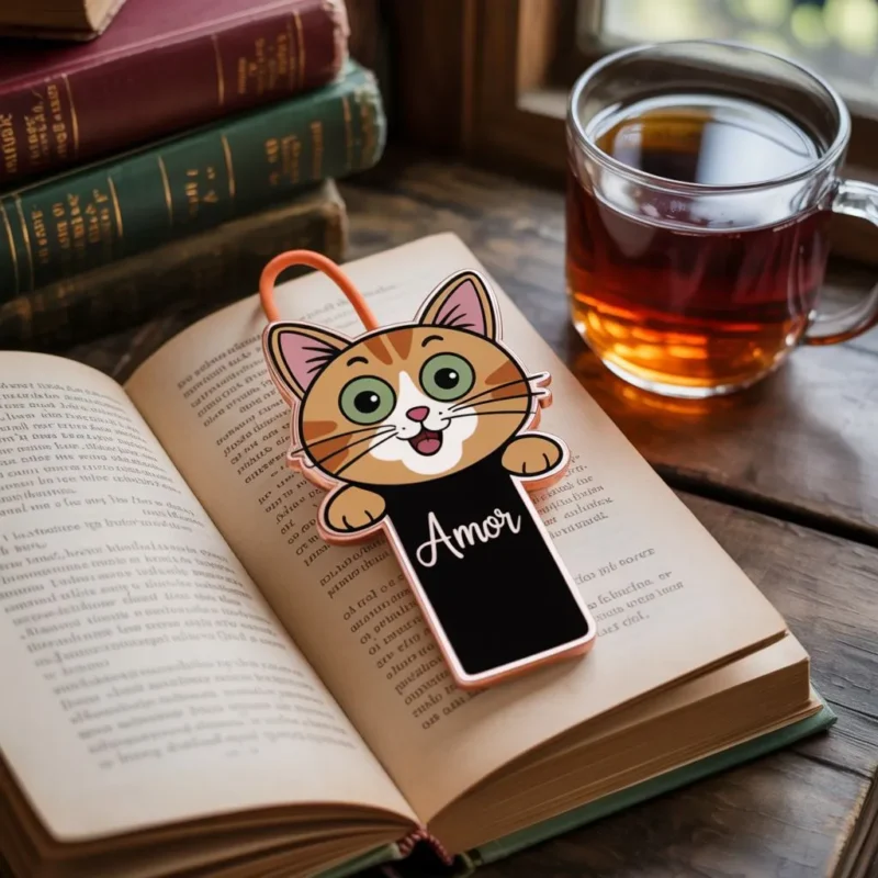 A cat bookmark featuring a cat rests on an open book, adding charm to the reading experience.