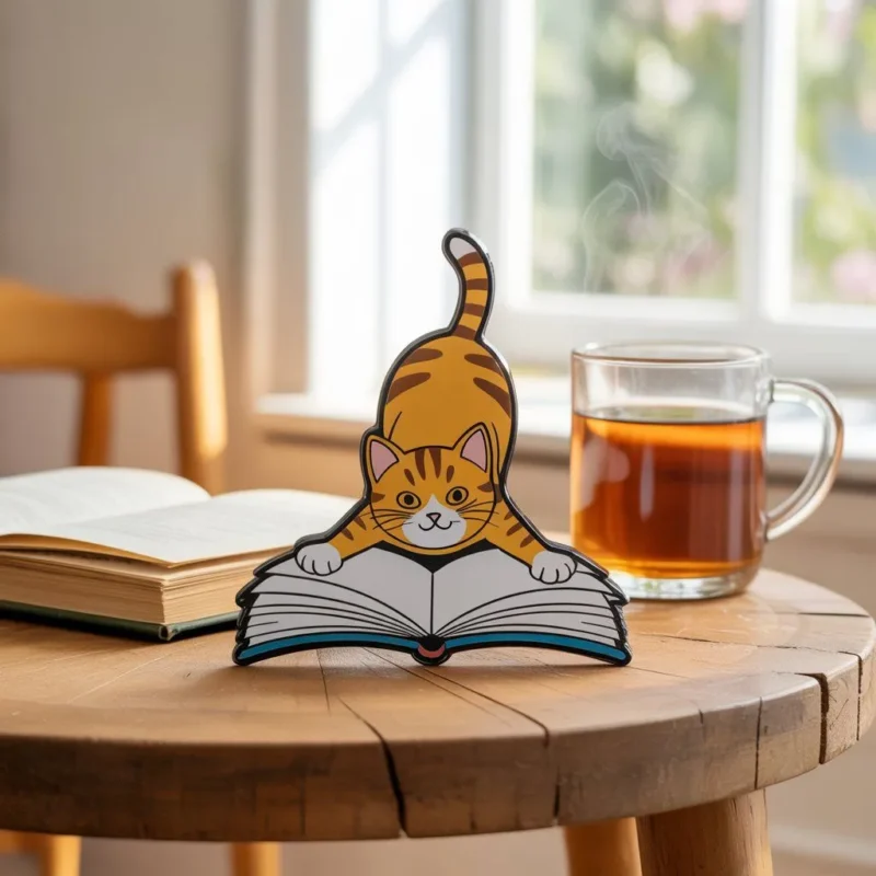 A cat perched on a book next to a cup of tea, featuring a cute cat bookmark sticking out from the pages.