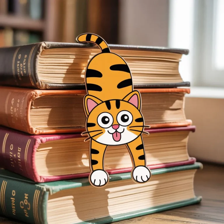 A cat perched on a stack of books, with a bookmark shaped like a cat resting nearby.
