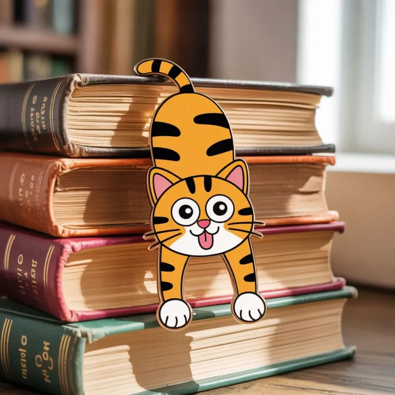 A cat perched on a stack of books, with a bookmark shaped like a cat resting nearby.