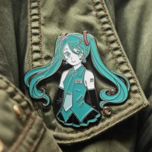 A Miku-themed pin showcasing a girl wearing a green jacket, capturing a lively and colorful aesthetic.