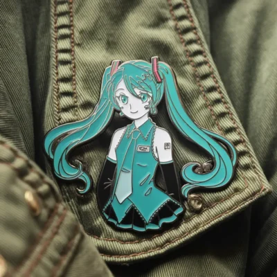 A Miku-themed pin showcasing a girl wearing a green jacket, capturing a lively and colorful aesthetic.