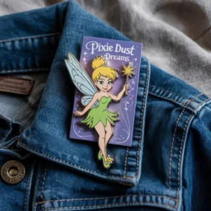 A Tinkerbell enamel pin rests on a blue jean jacket, showcasing a whimsical fairy design.