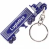 Blue enamel truck keychain featuring the word "logistics" prominently displayed on its surface.